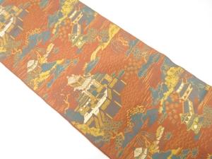 アンティーク　城に山並・草葉模様織り出し袋帯（材料）